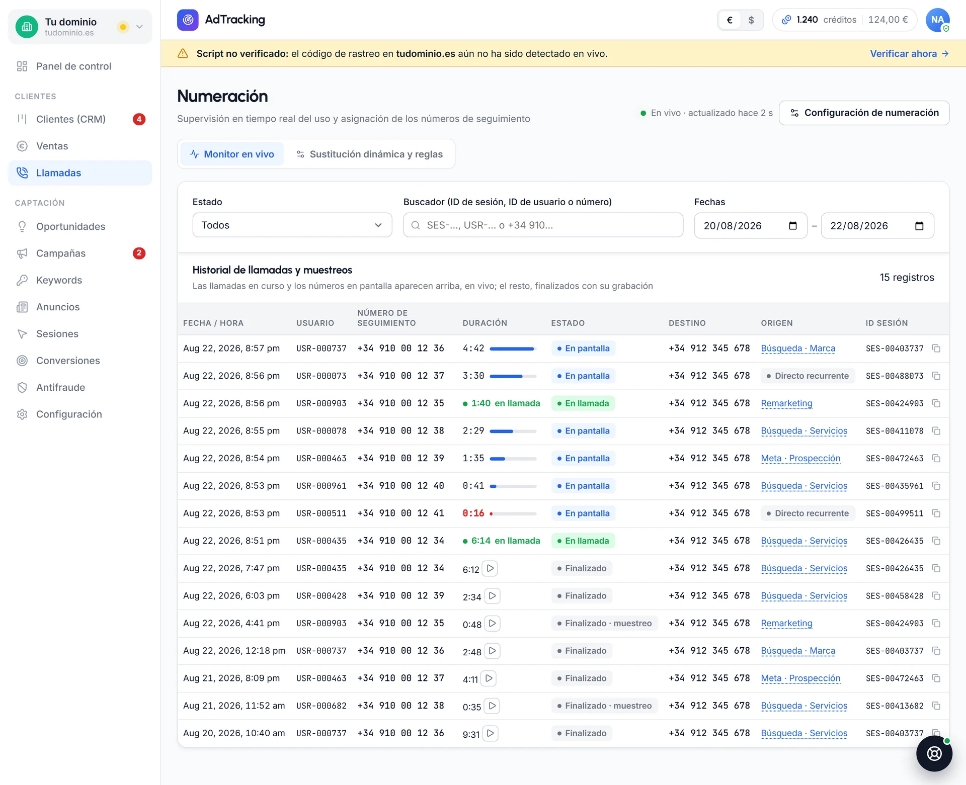 A live pool of tracking numbers