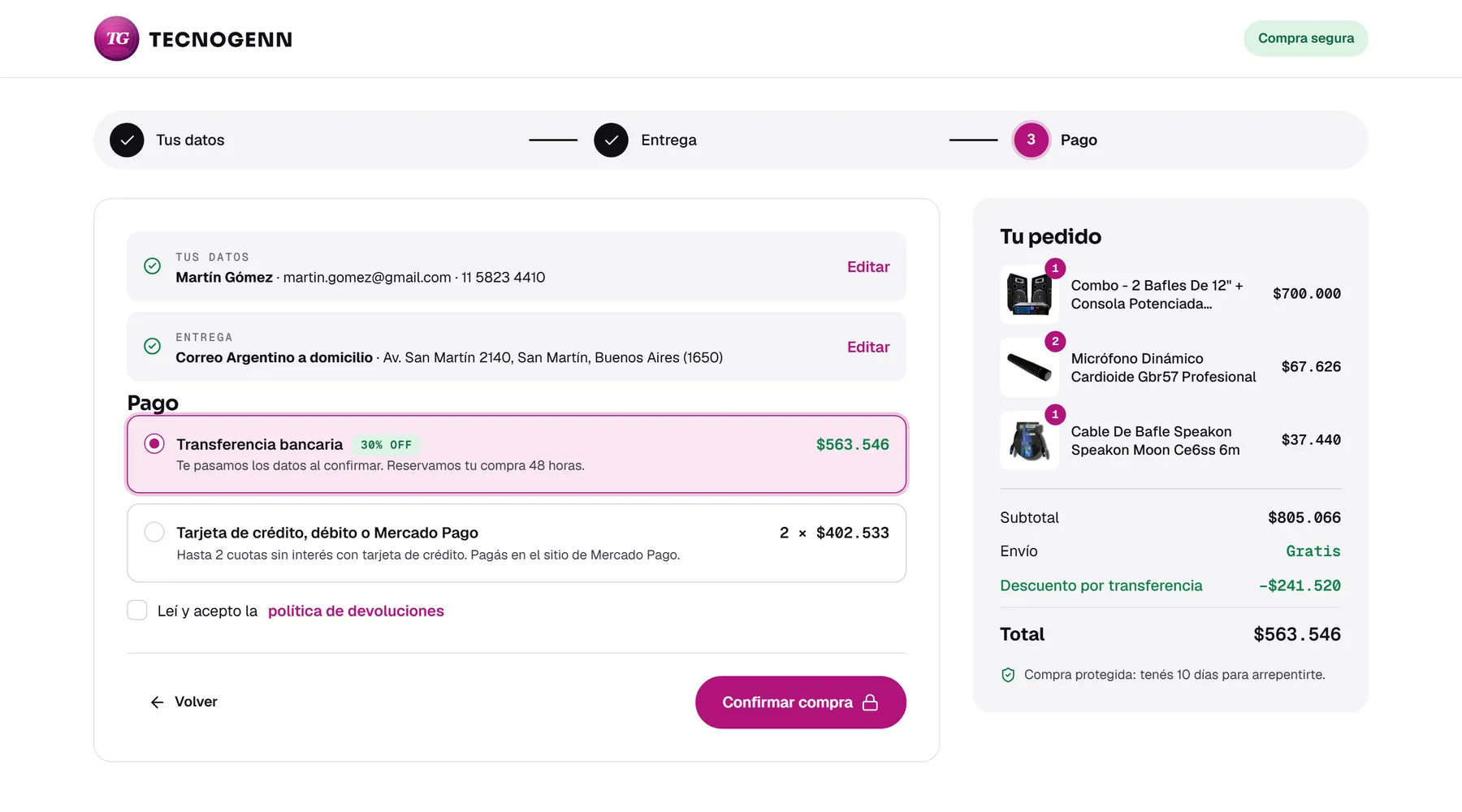The final price for each payment method