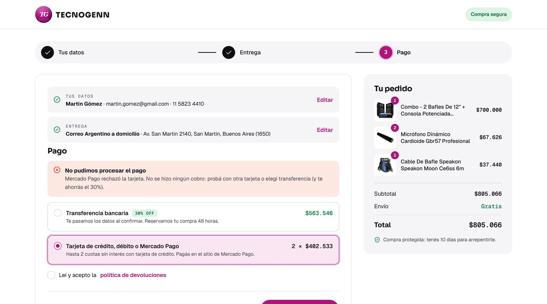checkout · pago rechazado